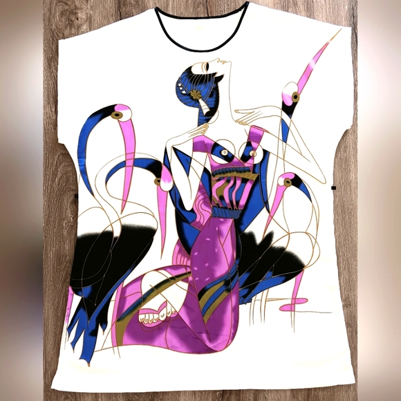 Art Nouveau satin cranes tunic dress. Medium. Ya Ye Er Si. - Picture 3 of 16